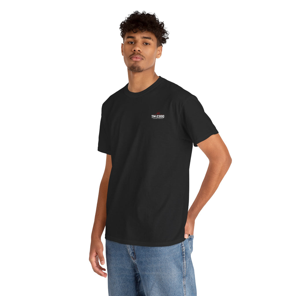 TM-2300 Graphic Tee — Retro Racing Logo T‑Shirt with Back Slogan